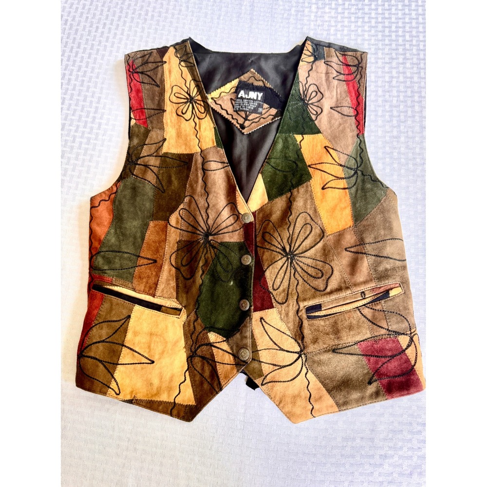 AJNY Vintage Patchwork Leather Boho Vest Med Floral Suede Earth Tone‎ 90s Retro
